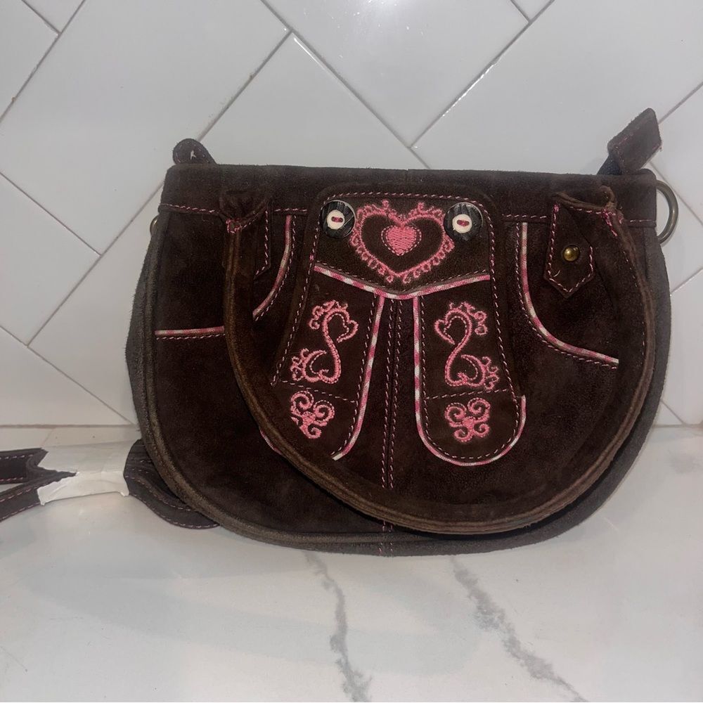 Vintage German Suede Shoulder Bag Embroidered Alpine Folk Style NEW